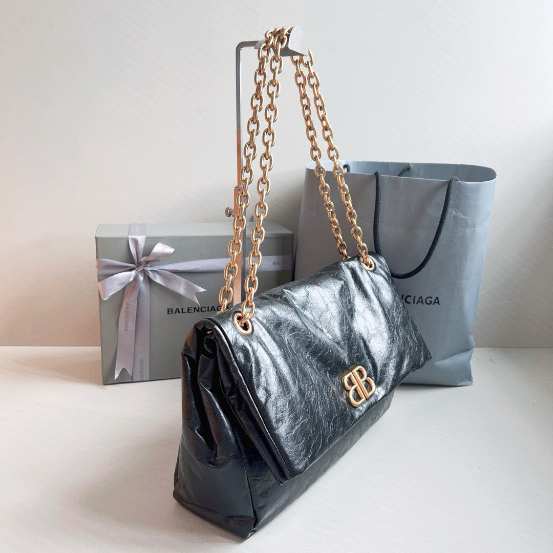 Balenciaga Monaco Medium Chain Bag in Black Gold Hardware 32.5 x 22 x 9.9cm