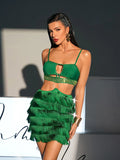 Women Sexy Rhinestone Cutout Fringe Bandage Dress In Green